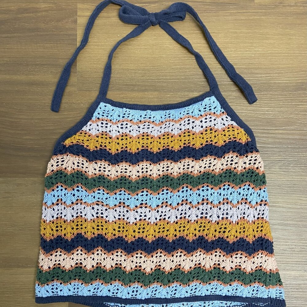 American Eagle Crop Top Medium Crocheted Sleeveless Halter Top Blue Green Pink